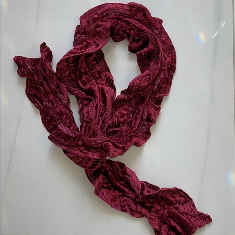 Violet Colored Crushed Velvet Scarf with Sheer Lace Trim One Size